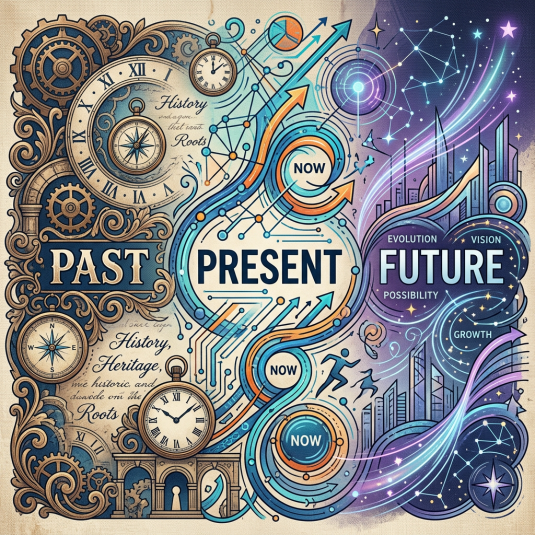 Illustration depicting past with clocks and gears, present with arrows and circuitry, future with stars and tall buildings
